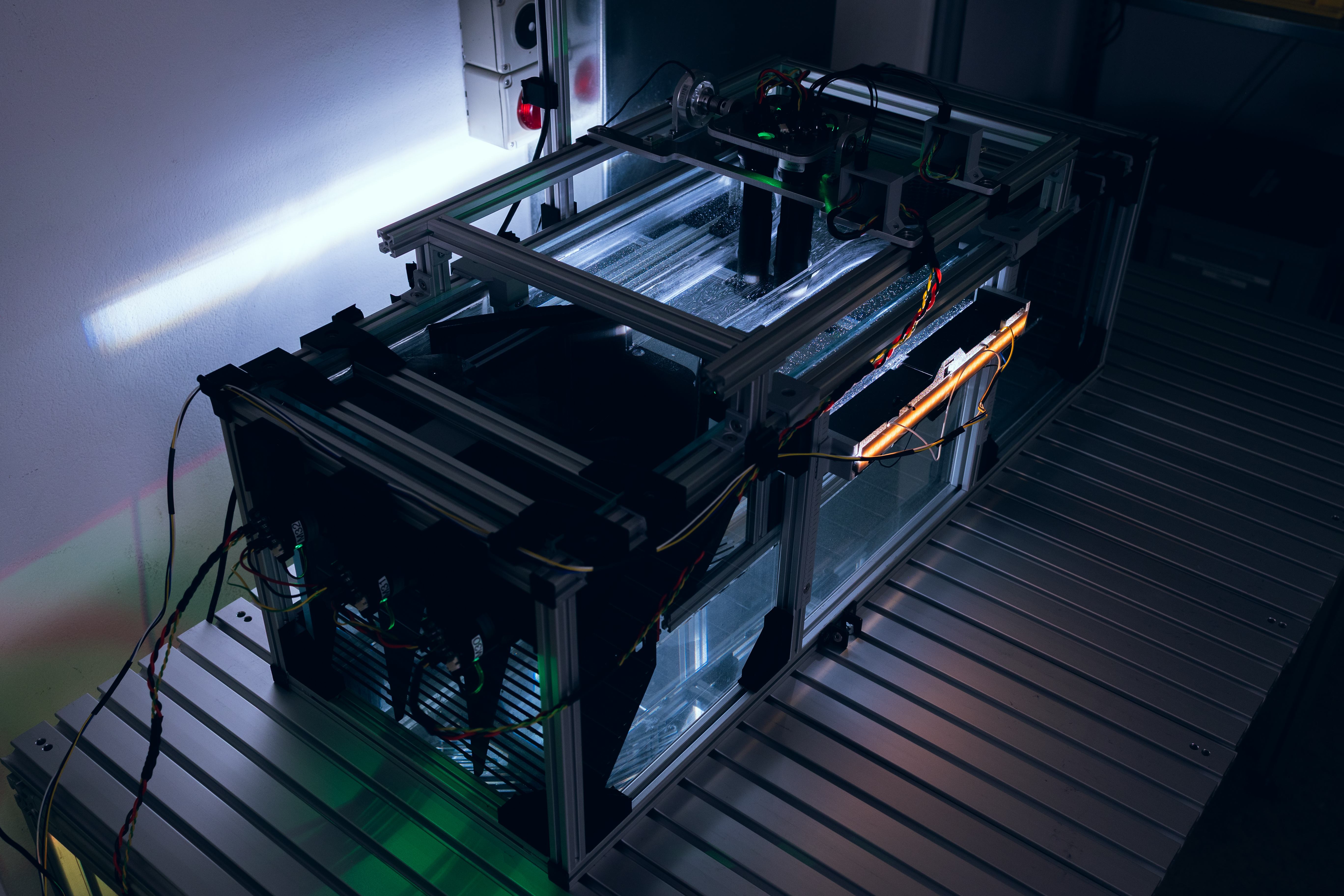 V1 top-down view with LED illumination in darkened lab